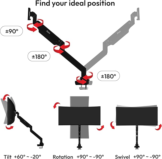 Pixio PS2S Titan Black Ultrawide Mega Heavy-Duty Premium Single Monitor Arm Stand fits up to 57 inch Monitors Holds up to 59.4lbs VESA Compatible Integrated Cable Management