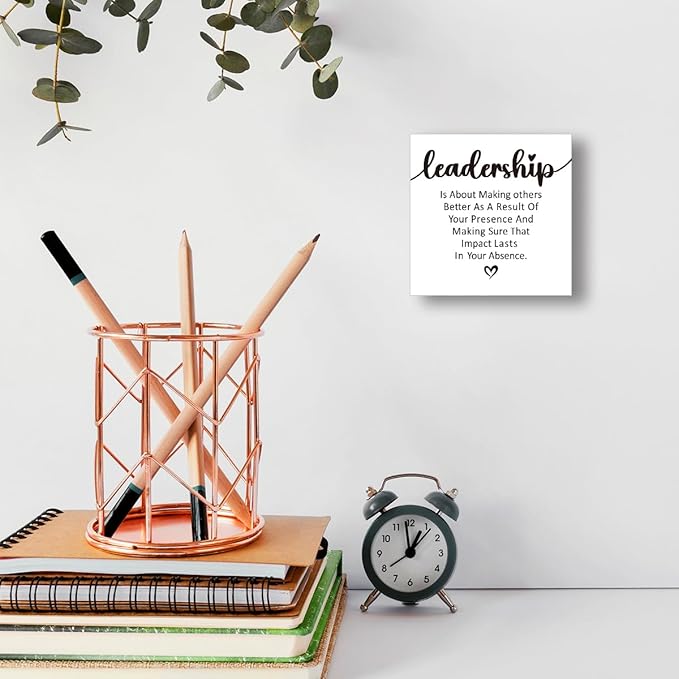 Inspirational Office Sign - "Leadership Is About Making Others Better" Wooden Block Sign, 5x5x1 Inch Motivational Desk Decor for Executives & Managers