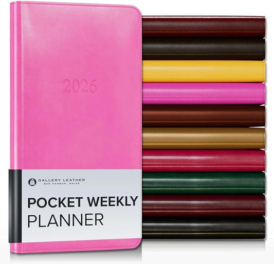 Gallery Leather Pocket Weekly Monthly Planner 2025-2026, Elegantly Bound Calendar Planner and Notebook with Stylish Gold-Gilded Page Edges, 12 Months - Acadia Hope - 6 x 3.25 "