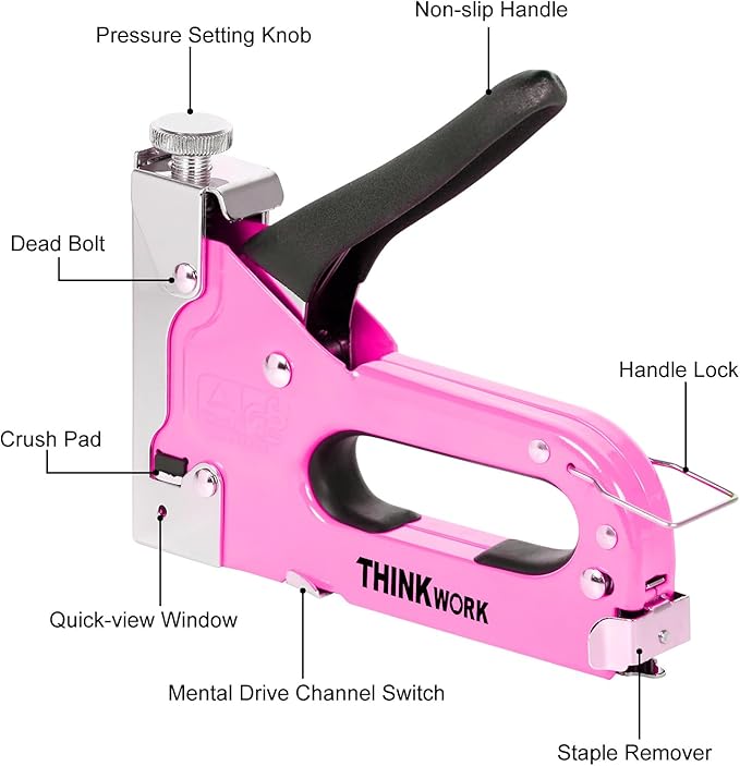 THINKOWRK 3 in 1 Staple Gun, Light Pink Staple Guns/Home Use Upholstery with 900 Staples, Nail Gun for Wood, Cable, Fabric, Wall, Material Repair, DIY Manual Stapler