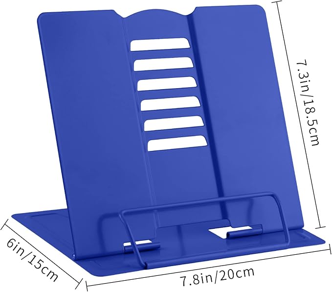 MSDADA Desk Book Stand Metal Reading Rest Book Holder Adjustable Cookbook Documents Holder Portable Sturdy Bookstands for Recipes Textbooks Tablet Music Books with Page Clips(Sapphire Blue)