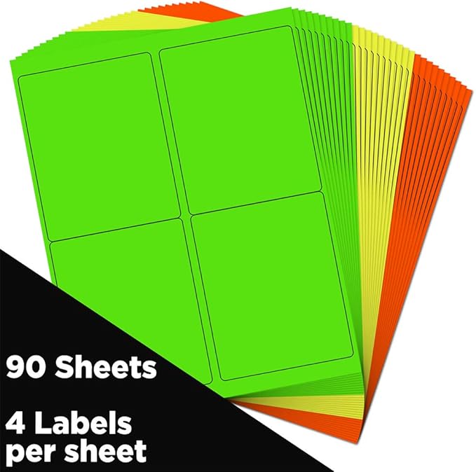 JAM PAPER Shipping Address Labels - 4 x 5 - Quarter Page/Extra Large - Assorted Bright Neon Colors - 360/Pack