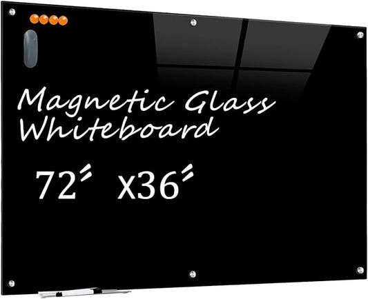 KIZZBY Black Glass Dry Erase Board - Magnetic Blackboard for Wall, 72"x36" Large Frameless Black Whiteboard for Office, Home & School