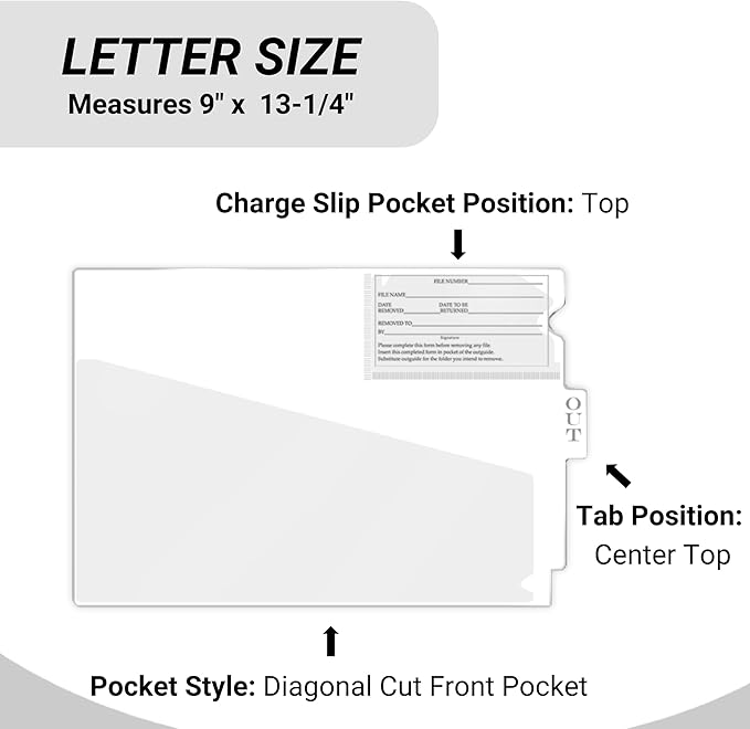 Doctor Stuff - Center Tab Vinyl Out Guides, Diagonal Cut Front Pocket, Top Charge Out Slip Pocket, Plastic File Folder, Letter Size 9" x 13-1/4", White, 100/Box