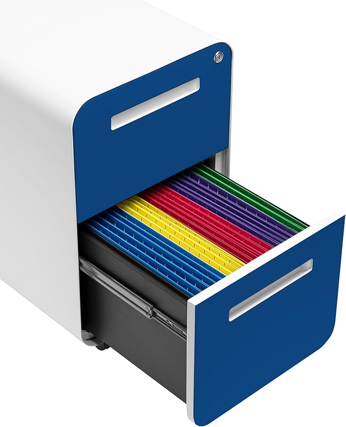 Laura Davidson Furniture Stockpile 2 Drawer Mobile File Cabinet with Lock - Under Desk Metal Filing Cabinet, Legal/Letter File Folders, Wheels and Stationary Feet, Pre-Assembled, Blue Faceplate