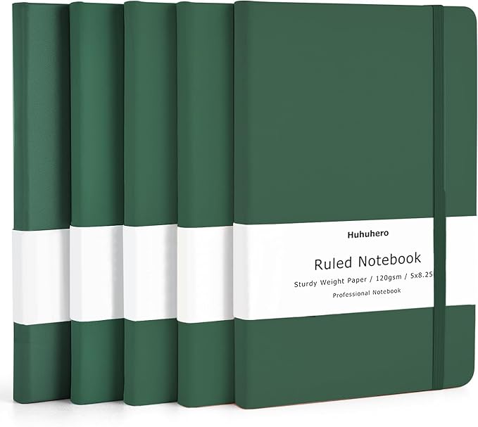 Huhuhero Notebooks Journal, Ruled Notebook, Premium Thick Paper Lined Journal, Black Hardcover Notebook for Office Home School Business Writing Note Taking Journaling, 5"×8.25" (5, Green)