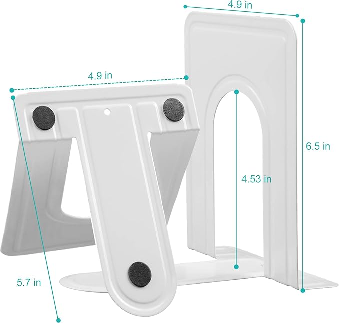 HappyHapi Book Ends, Non-Skid Metal Bookend for Shelves, Heavy Duty Book Ends, Office Book Stopper, 6 x 5 x 6 Inches, 6 Pieces / 3 Pairs (White)