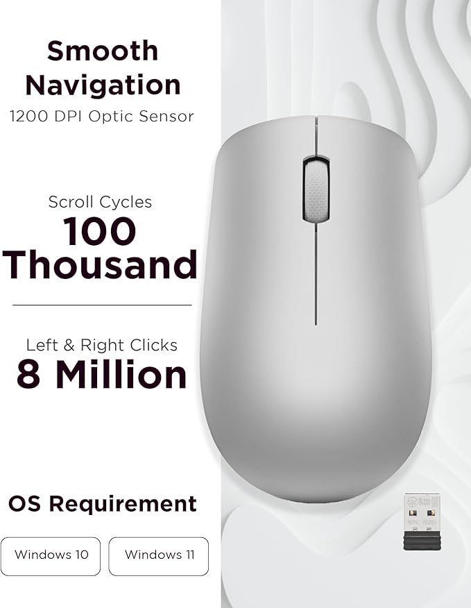 Lenovo 530 Full Size Wireless Computer Mouse for PC, Laptop, Computer with Windows - 2.4 GHz Nano USB Receiver - Ambidextrous Design - 12 Months Battery Life - Platinum Grey