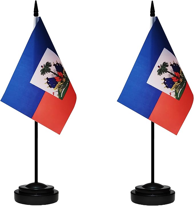 Haiti Haitian Deluxe Desk Flag Set Small Mini Miniature Haiti Haitian Table Desktop Flags With Solid Pole, Black Base and Spear Top(2 Pack)