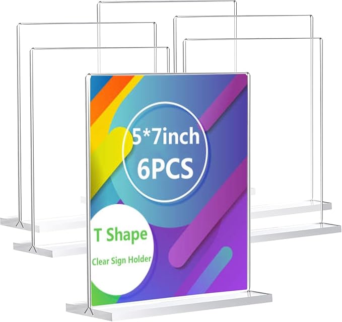Acrylic Sign Holder Double Stands Ad Frames Clear Flyer Display Stand for Office Home Restaurant, Display Sign Stand for Store Sign Holders, Vendor Booth Display Items Vertical (6 Pack-5" X 7"Inch-Vertical(T-Shape))