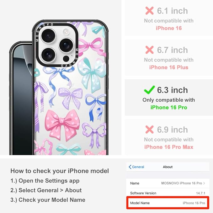 MOSNOVO Case for iPhone 16 Pro, [10ft 4X Military-Grade Drop Protection] Durable & Shockproof Phone Case Cover Design for iPhone 16 Pro - Bows - Clear Black
