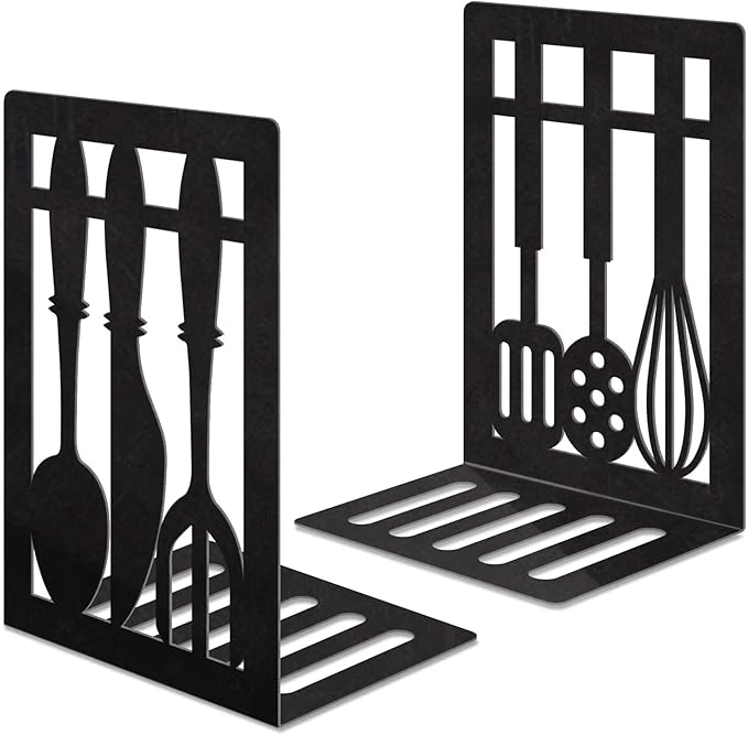 Book Ends,Metal Bookend,Bookend Decorative Heavy Book Ends for Shelves, Home Decorative Bookends for Heavy Books,Non-Skid Black Book Holder for Kitchen Housewarming Cooking Lover Gifts