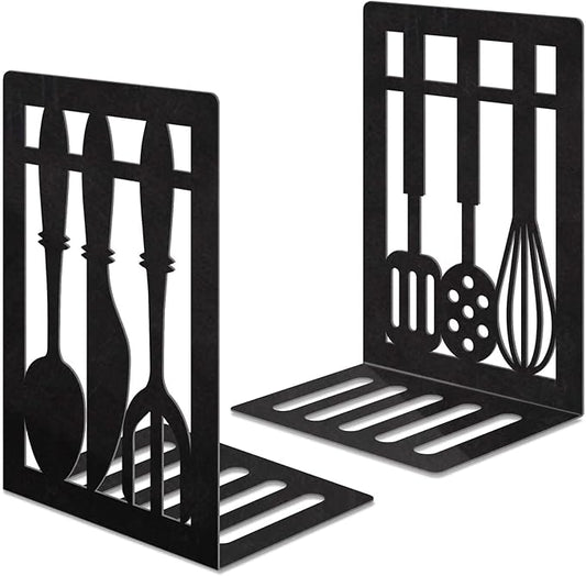 Book Ends,Metal Bookend,Bookend Decorative Heavy Book Ends for Shelves, Home Decorative Bookends for Heavy Books,Non-Skid Black Book Holder for Kitchen Housewarming Cooking Lover Gifts