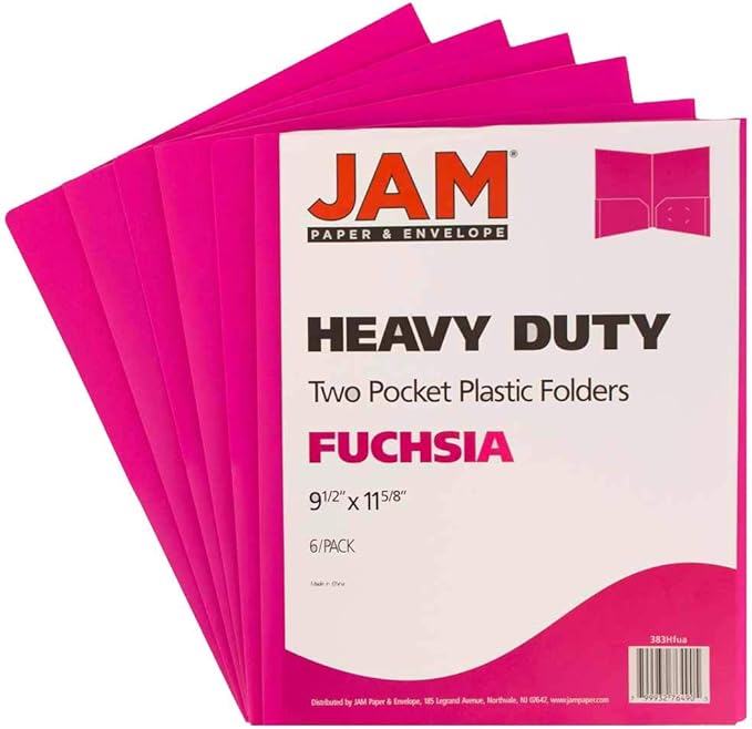 JAM PAPER Heavy Duty Plastic 2 Pocket Extra Tough School Folders - Fuchsia Hot Pink - 6/Pack