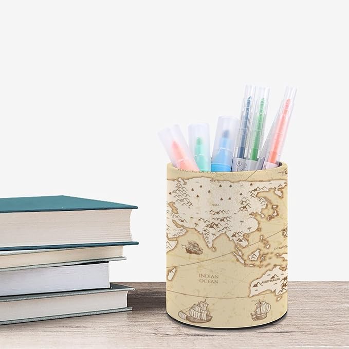 Vintage World Map Pen Holder Pencil Organizer Cute Pencil Cup Desk Decor Makeup Brush Holder PU Multifunctional Office Suppliesfor Home Classroom School
