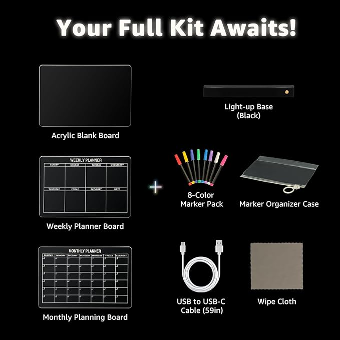 LED Note Board with 8 Colors，Acrylic Dry Erase Board with Light, Clear Monthly/Weekly Calendar, Led Drawing Board for Kids with Stand, 8 Markers, Adapter, Soft Cloth, Holiday Trend Gift (Black)