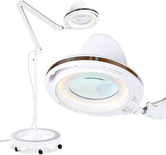 Brightech LightView Pro Magnifying Glass with Light and Stand, Magnifying Floor Lamp with a 6-Wheel Rolling Base for Facials, Lash Estheticians, Dimmable LED Work Light for Sewing, Crafts