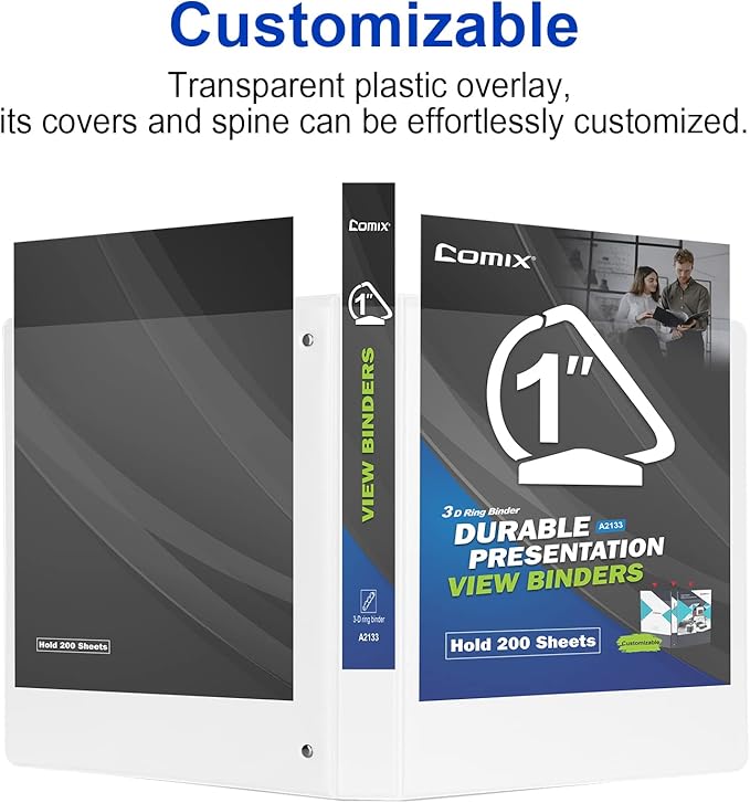 Comix Sturdy 3-Ring-Binder 1-inch D Ring Binders Hold 225 Sheets of 8.5" x 11" Paper, 8 Pack (White)