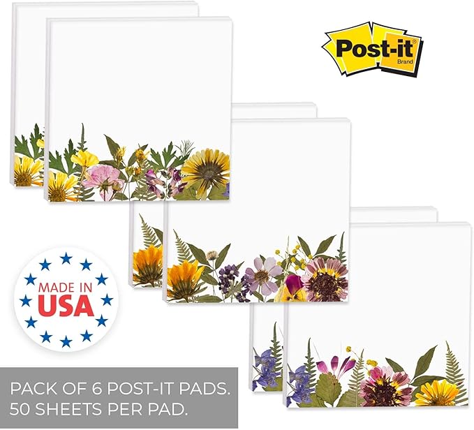 Wildflower Sticky Note Pads / 3" x 3" Botanical Sticky Notes/Set of 6 Pads / 50 Sheets Per Pad/Three Unique Designs/Made in The USA