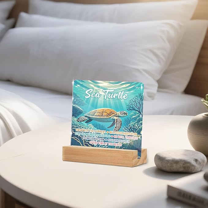 Sea Turtles Office Decor Sign, Inspirational Turtle Clear Acrylic Sign With Wooden Stand, Thank You Gifts for Home Office Desk Decorative Signs for Tabletop Cubicle Shelf Desk Accessories Decor