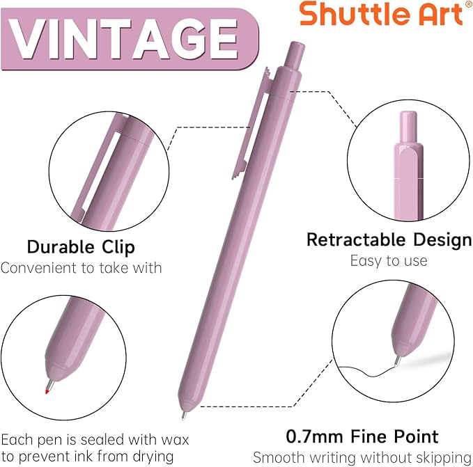 Shuttle Art Colored Retractable Gel Pens, 22 Unique Vintage Ink Colors, 11 Light and 11 Dark Vintage, Cute Pens 0.7mm Point Quick Drying for Writing Drawing Journaling Note Taking School Office Home