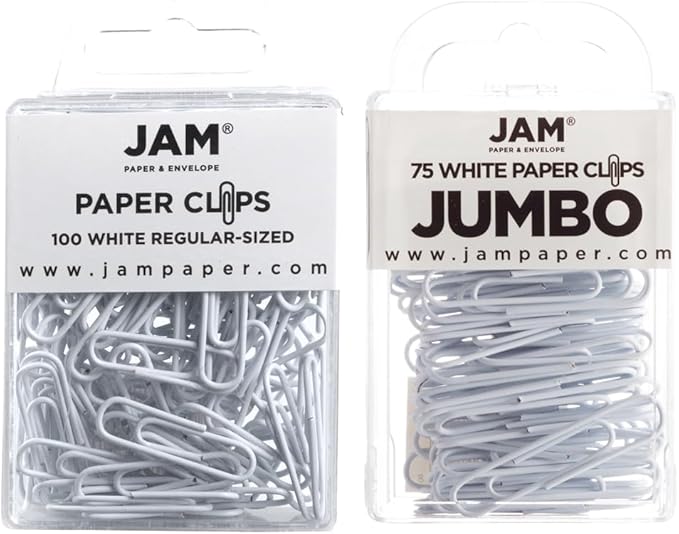 JAM PAPER Combo Pack Colorful Paper Clips - Standard & Jumbo - White Paperclips - 1 Pack of 100 & 1 Pack of 75