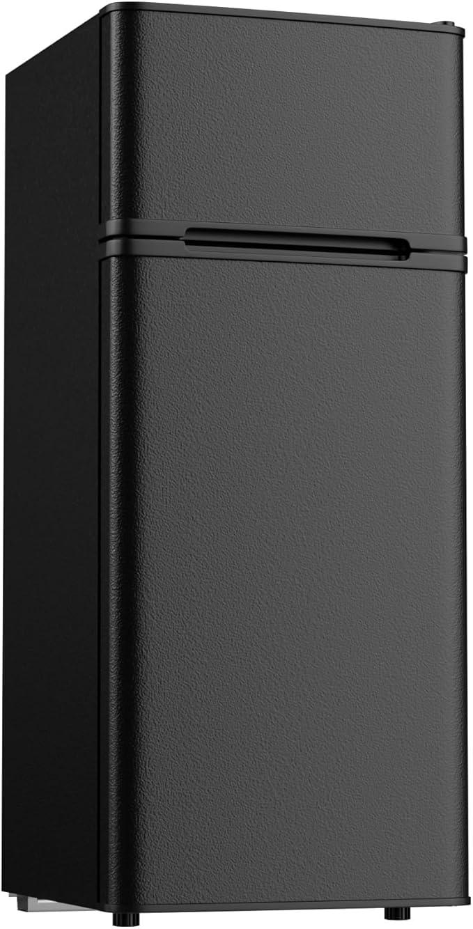 TABU 4.5 Cu.Ft Refrigerator with Top Freezer, Compact Double Door Fridge with Adjustable Thermostat & Removable Shelves, for Home, Office and Apartment, Black