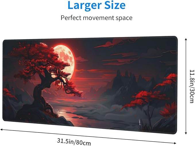 Extended Gaming Mouse Pad, Large Desk Mat XL Anime Mouse Pad Waterproof with Stitched Edges, Non-Slip Desktop Pad for Home and Office, Level Up Your 31.5x11.8 Inch (Darkness Red Moon)