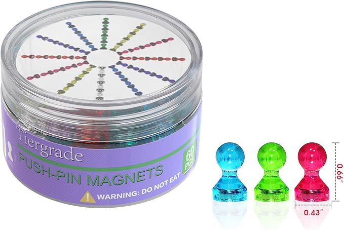 Push Pin Magnets - Tiergrade 60 Pack 7 Assorted Color Strong, Office, Use at Kitchen Home and School Classroom, for Refrigerator Dry Erase Board and Whiteboard.