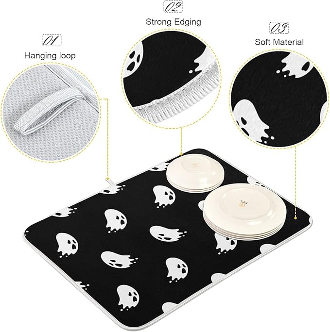 Halloween Spooky Ghost Dish Drying Mat for Kitchen Counter 16 x 18 Inch Absorbent Microfiber Dry Dishes Mats Drainer Mat Dish Drying Pad for Countertops Decor