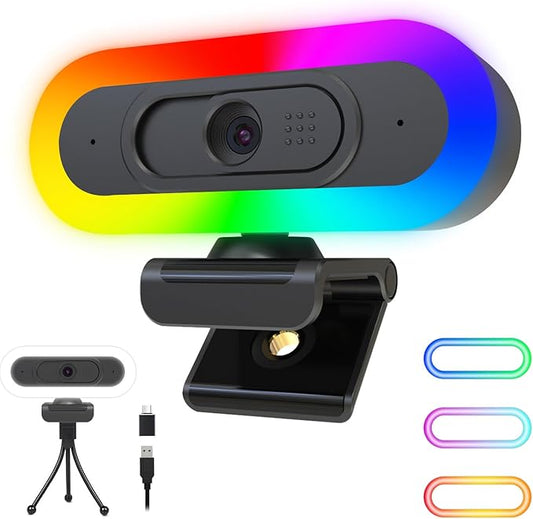 ToLuLu Streaming Webcam 2K 50FPS Web Cam, LED RGB Webcam with Microphone and Light, Autofocus Computer Camera with Cover and Tripod, Plug-Play USB Web cam for PC Desktop/MacBook Gaming Video Calling
