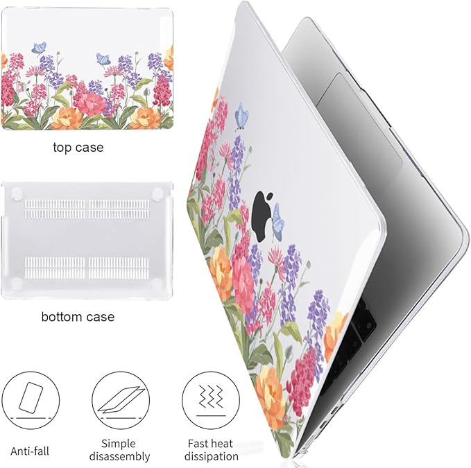 Compatible with MacBook Air 13.6 inch Case 2025 2024 2023 2022 Release A2681 A3113 A3420 Cover M4 M3 M2 Chip, Pattern Plastic Hard Shell Case Screen Film Keyboard Skin, Pink & Purple Flowers