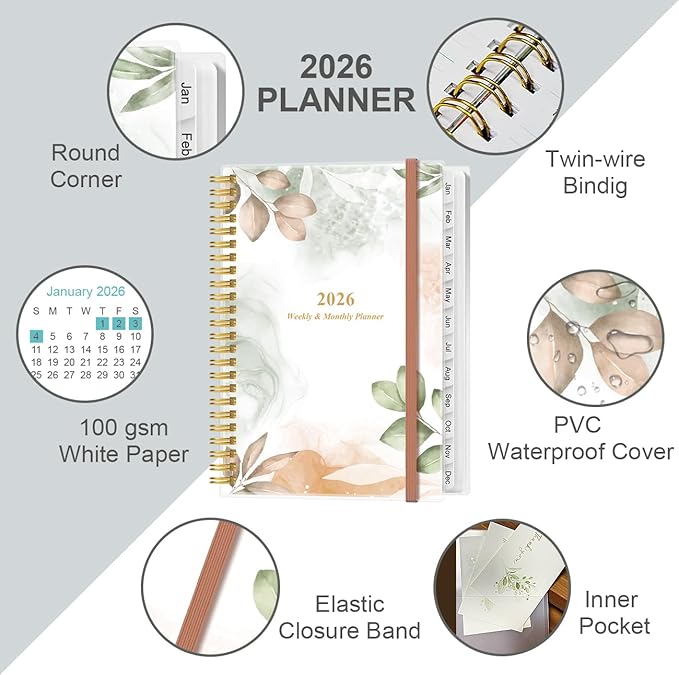 2026 Planner - A5 Weekly & Monthly Planner Spiral Bound, January 2026 - December 2026, with Flexible Cover, Tabs, Inner Pocket, 6.4" x 8.5", Rose Leaf