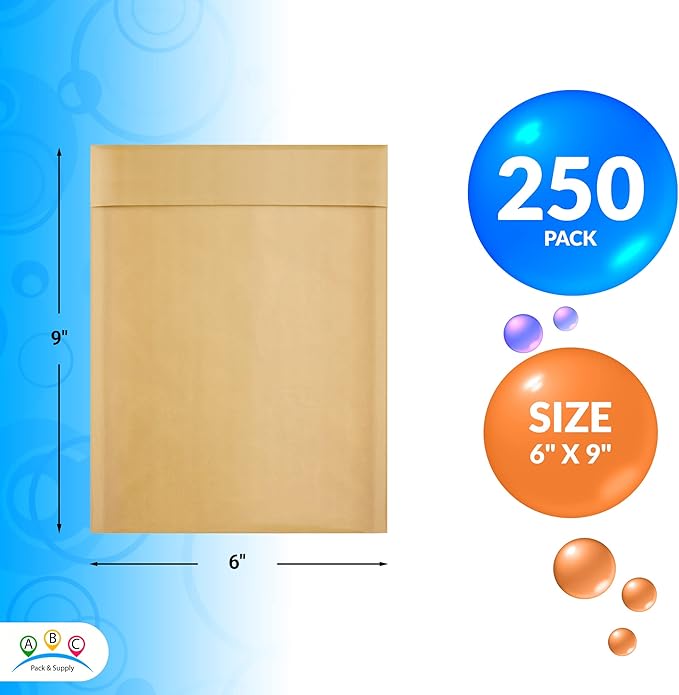 ABC PACK & SUPPLY Brown Kraft Bubble Mailer Envelopes, 6 x 9 Inches. 250 Pack Mail Padded Envelopes Self Seal. Kraft Bubble Mailers. Tear-Resistant Mailing Envelope Padded. Sturdy Paper Mailer