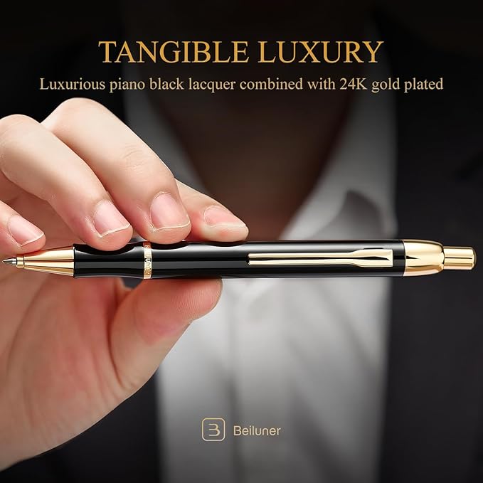 BEILUNER Luxury Gel Pen with 24K Gold Electroplating Finish, Black Piano Lacquer, Luxury Grade Craftsmanship, Best Gel Pen Gift Set for Men and Women