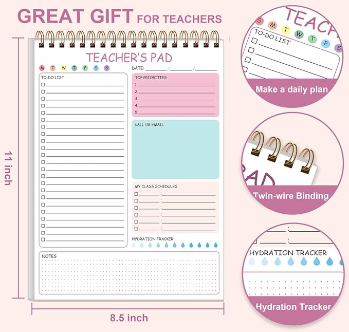 Teacher Notepad - A4 Teacher To Do List Notepad, Spiral Checklist Notebook Organizer for Teachers Notes Task Appointment, Teacher Appreciation Gifts, 8'' x 11'', Pink