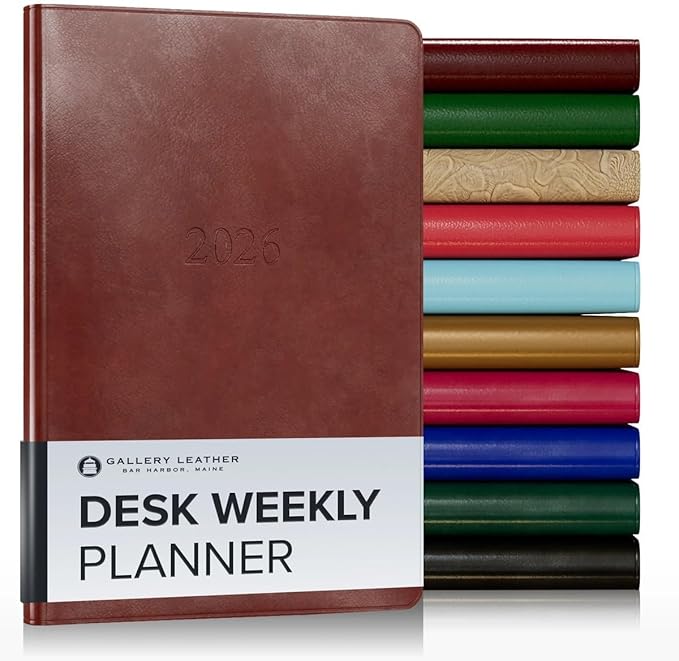 Gallery Leather Desk Weekly Monthly Planner 2025-2026, Elegantly Bound Calendar Planner and Notebook with Stylish Gold-Gilded Page Edges, 12 Months - Acadia Tan - 8 x 5.5 "