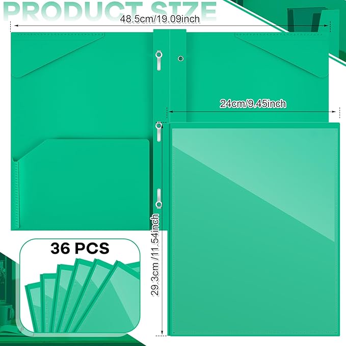 Henoyso 48 Pcs Plastic Folder with Clear Front Pocket and 3 Prongs Heavy Duty Plastic Folders with Card Slot Pocket Folders with Prongs for School Office Home(Green)