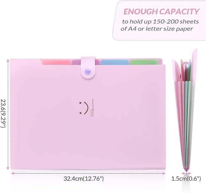 SKYDUE Expanding File Folder with 5 Pockets, Cute Accordion File Organizer, Letter Size Filing Folder, Portable Paper Receipt Organizer, School Office Supplies Purple