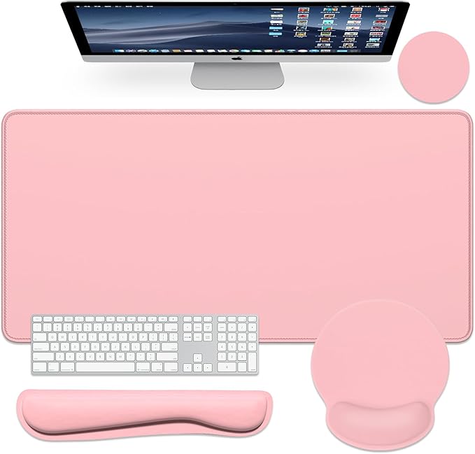 Dapesuom Large Gaming Mouse Pad, Pink Mouse Pads with Wrist Rest Wrist Support, 4in1 Big XXL Desk Mat Desk Pad + Ergonomic Mousepad + Memory Foam Keyboard Mat Wrist Rest + Coaster Set for Computer