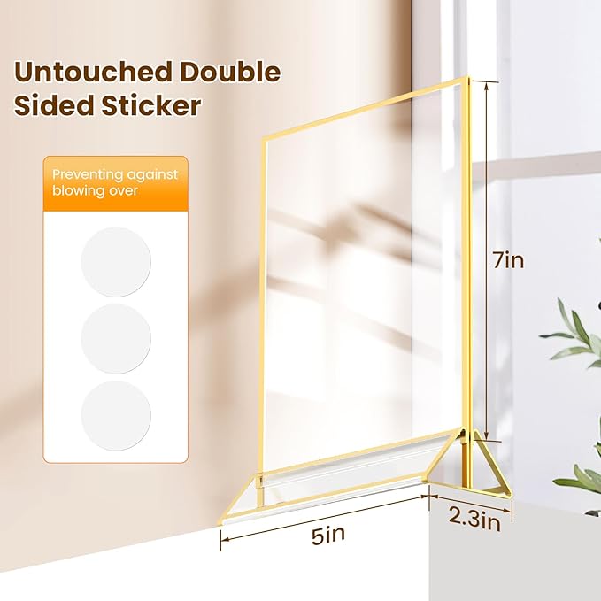 Gold Frames 5X7 Acrylic Sign Holder Double-Sided Tabletop Picture Frames for Menu Holder Wedding Table Number Holder Christmas Photo Frames with Removable Sticky Dots-3 Pack