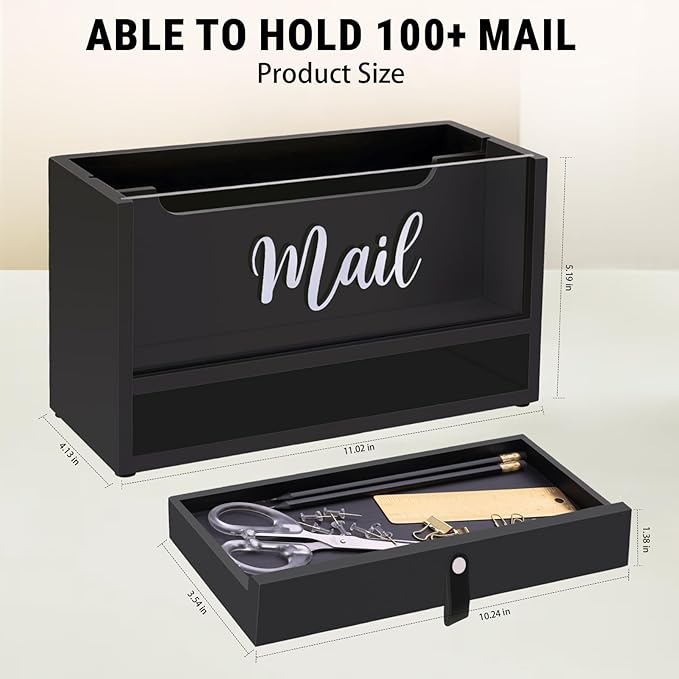 Two-Layer Solid Wooden Mail Storage Organizer Holder with Clear Acrylic Top and Bottom Drawer, Leather Handle, Keeping Mail, Bills, Letters, Cards and Office Supplies in One Place, Home Decor Gifts