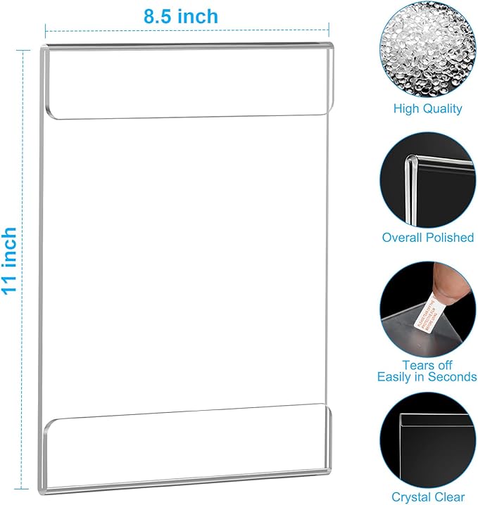 EHWINE 6 Pack 8.5 x 11 Wall Mount Acrylic Sign Holder, Wall Signs Photo Menu Flyer Display Holders, Plastic Clear Acrylic Wall Frames for Office Home Hotel Business Store (with Adhesive Tape)
