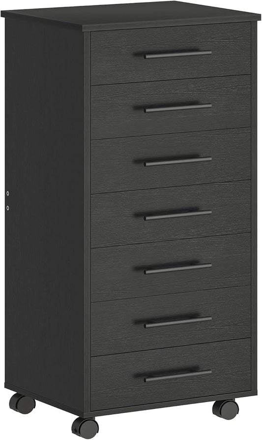 HOOBRO 7-Drawer File Cabinet, Wooden Office Cabinet with Drawers, Mobile Storage Cabinet, for Home Office, Study, Easy Assembly, Black BK07WJ01