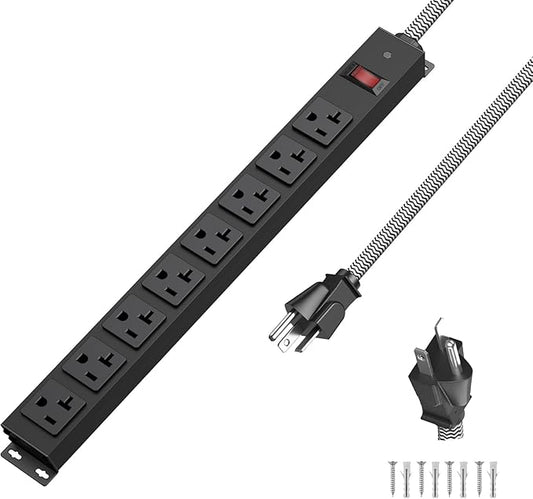 HEZI 20 Amp Power Strip Surge Protector 1200J, Metal 8 Outlets Heavy Duty 20amp, 10Ft 12 Gauge Extension Cord for Appliance Workbench Garage Industrial, Combine with T-Plug Adapter,5-20R T-Slot