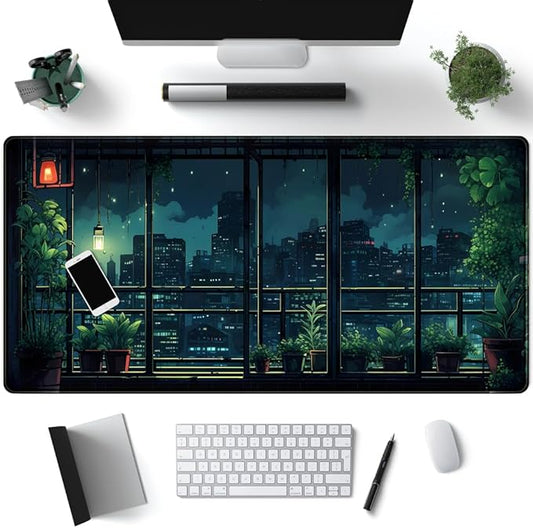 Extended Army Blue Desk Mat Window Plant Bonsai Green Animes Pad Large Mousepad Gaming XL Computer Mat Office Decor for Women Large Desktop Mat Laptop Keyboard Mousepad for Desk 31.5x15.8in