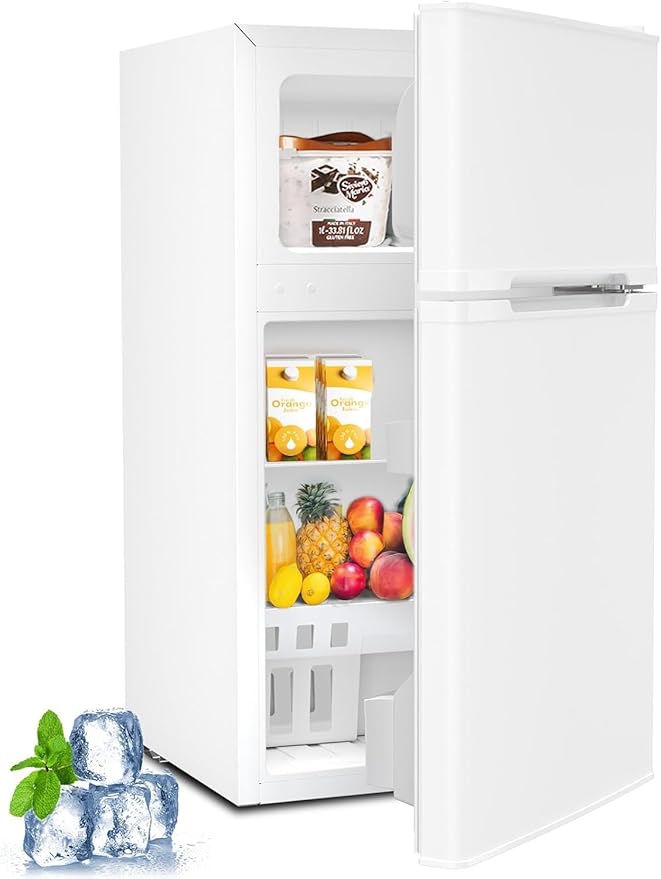 Kismile Mini Fridge with Freezer,3.2 Cu.Ft Compact Mini Refrigerator with Double 2 Door,Adjustable Temperature,Full Size for Home,Kitchen,Dorm,Apartment,Retro White