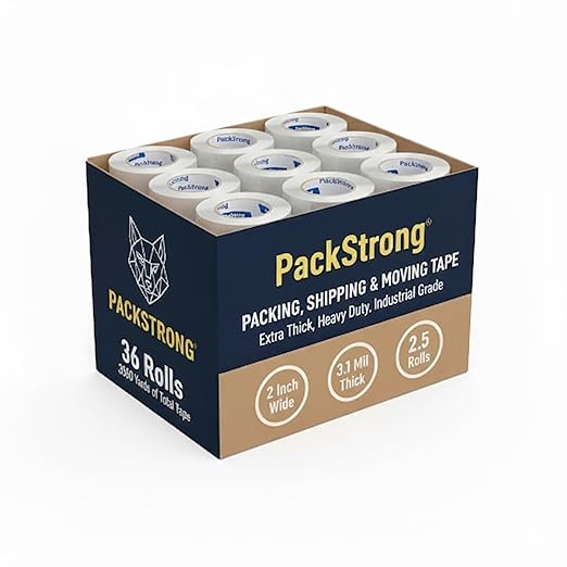 Packstrong Industrial Grade Clear Packing Tape 36 Rolls - Extra Strong - 110 Yards per Roll - 2" Wide x 3.1 mil Thick, Acrylic Adhesive Heavy Duty Tape