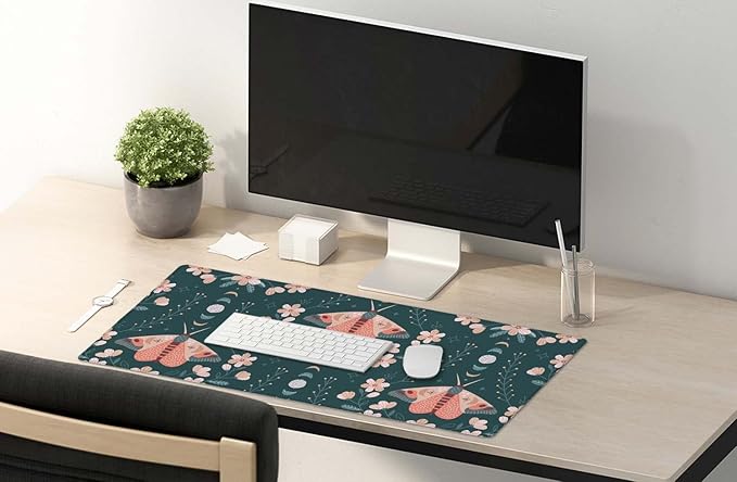 SSOIU Extended Gaming Mouse Pad (35.5x15.7 in), Large Non-Slip Rubber Base Mousepad with Stitched Edges, Waterproof Keyboard Mouse Mat Desk Pad for Work, Game, Office, Home - Floral Moon Moth