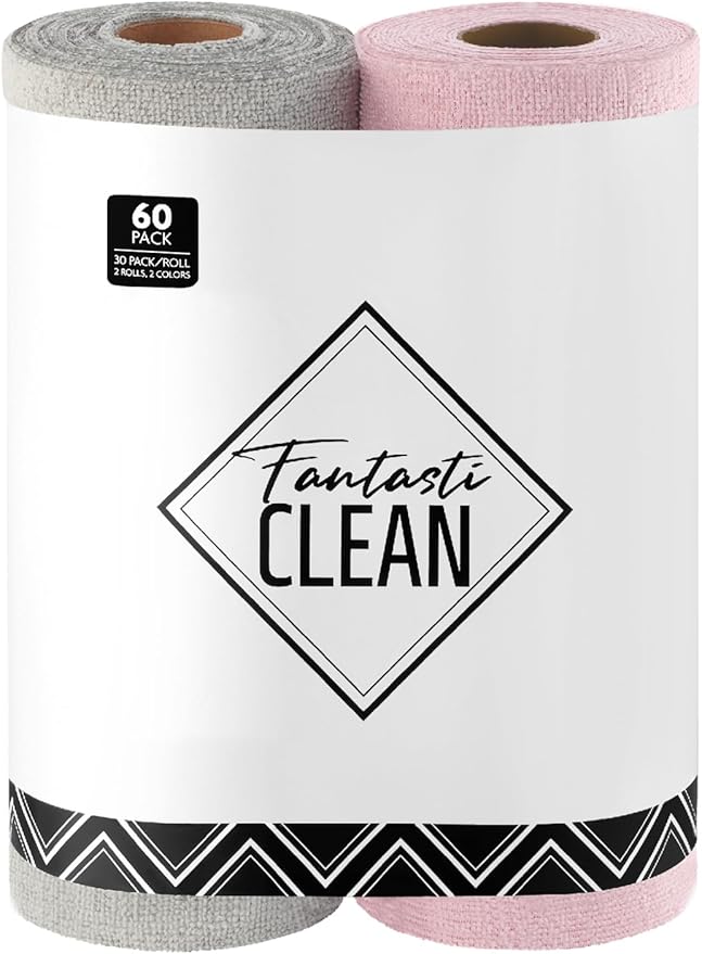 Fantasticlean Microfiber Cleaning Cloth Roll -60 Pack, Tear Away Microfiber Towels, 12" x 12", Reusable, Washable, Scratch Free, Ultra Absorbent Dish Rags for Car, Home, Garage or Shop (Pink & Grey)